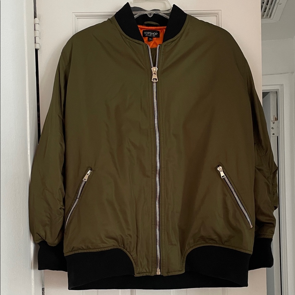 Topshop Olive Bomber Jacket with Black Details
